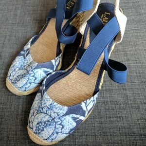 Ralph Lauren Casandra Blue Print Cork Wedge Heel